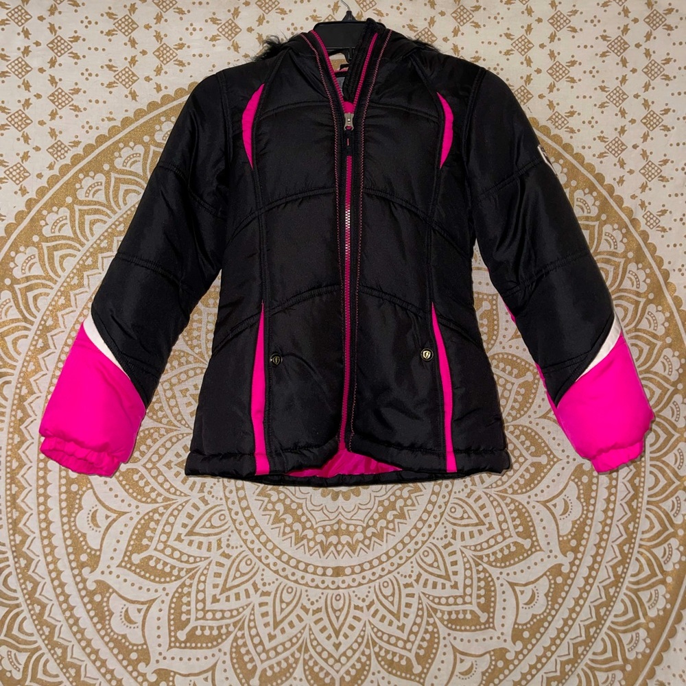✨HP✨ GIRLS “PROTECTION SYSTEM” BLACK/PINK/WHITE SNOW HOODED JACKET, SIZE 10/12 - Picture 1 of 11